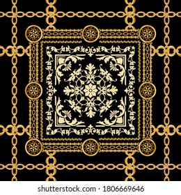 Seamless pattern decorated with precious stones, gold chains and pearls.