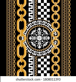 Seamless pattern decorated with precious stones, gold chains and pearls.