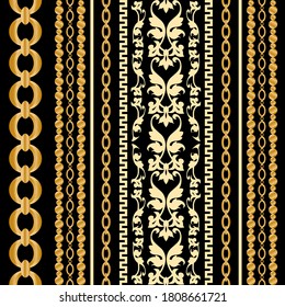 Seamless pattern decorated with precious stones, gold chains and pearls.