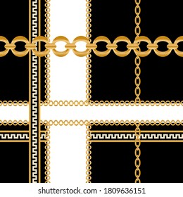 Seamless pattern decorated with precious stones, gold chains and pearls.