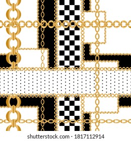 Seamless pattern decorated with precious stones, gold chains and pearls.