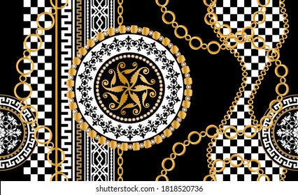 Seamless pattern decorated with precious stones, gold chains and pearls.