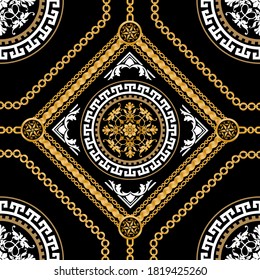 Seamless pattern decorated with precious stones, gold chains and pearls.