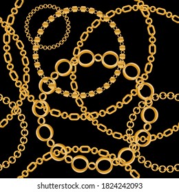 Seamless pattern decorated with precious stones, gold chains and pearls.