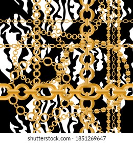 Seamless pattern decorated with precious stones, gold chains and pearls.