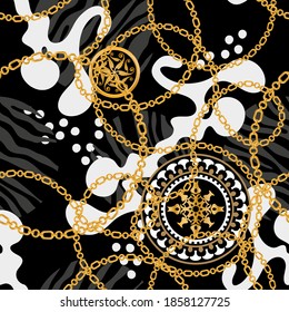 Seamless pattern decorated with precious stones, gold chains and pearls.