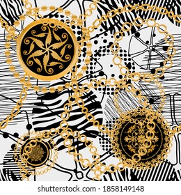 Seamless pattern decorated with precious stones, gold chains and pearls.