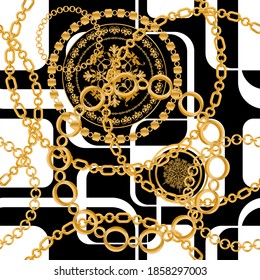 Seamless pattern decorated with precious stones, gold chains and pearls.