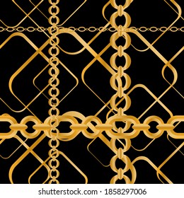 Seamless pattern decorated with precious stones, gold chains and pearls.