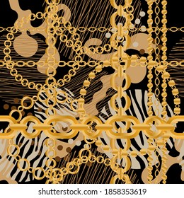 Seamless pattern decorated with precious stones, gold chains and pearls.