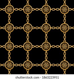 Decoración sin inconfundibles decorada con piedras preciosas, cadenas de oro y perlas.