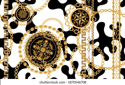 Seamless pattern decorated with precious stones, gold chains and pearls.