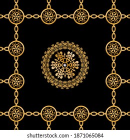 Seamless pattern decorated with precious stones, gold chains and pearls.