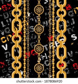 Seamless pattern decorated with precious stones, gold chains and pearls.