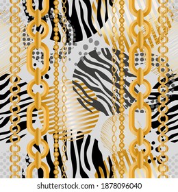 Seamless pattern decorated with precious stones, gold chains and pearls.