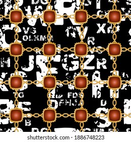 Seamless pattern decorated with precious stones, gold chains and pearls.