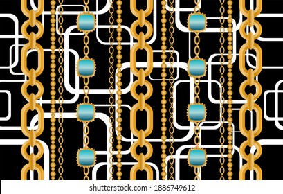 Seamless pattern decorated with precious stones, gold chains and pearls.