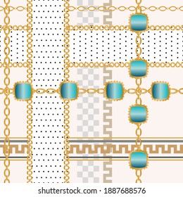 Seamless pattern decorated with precious stones, gold chains and pearls.
