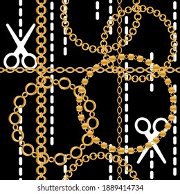 Seamless pattern decorated with precious stones, gold chains and pearls.