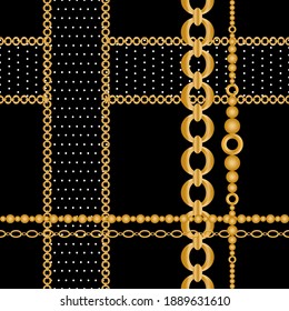 Seamless pattern decorated with precious stones, gold chains and pearls.