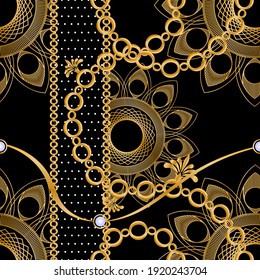 Seamless pattern decorated with precious stones, gold chains and pearls.