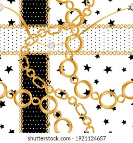 Seamless pattern decorated with precious stones, gold chains and pearls.