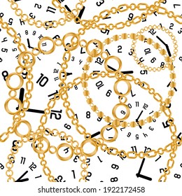Seamless pattern decorated with precious stones, gold chains and pearls.