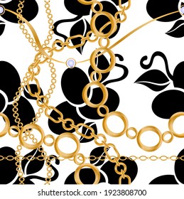 Seamless pattern decorated with precious stones, gold chains and pearls.