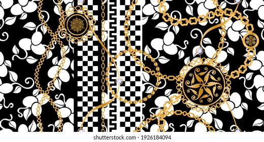 Seamless pattern decorated with precious stones, gold chains and pearls.