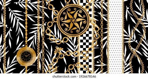 Seamless pattern decorated with precious stones, gold chains and pearls.