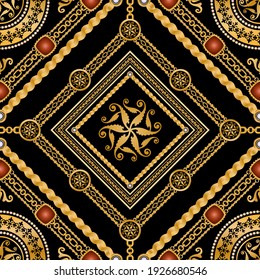 Seamless pattern decorated with precious stones, gold chains and pearls.