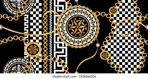 Seamless pattern decorated with precious stones, gold chains and pearls.
