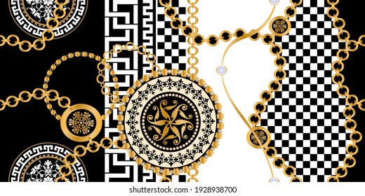 Seamless pattern decorated with precious stones, gold chains and pearls.