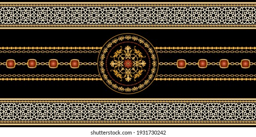 Seamless pattern decorated with precious stones, gold chains and pearls.