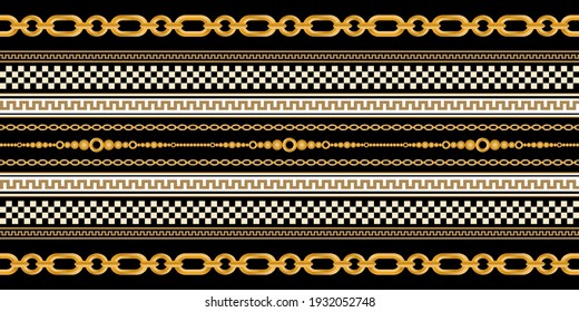 Seamless pattern decorated with precious stones, gold chains and pearls.