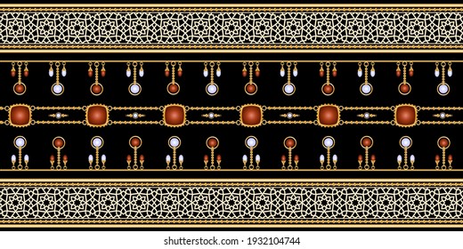 Seamless pattern decorated with precious stones, gold chains and pearls.