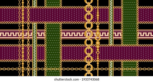 Seamless pattern decorated with precious stones, gold chains and pearls.