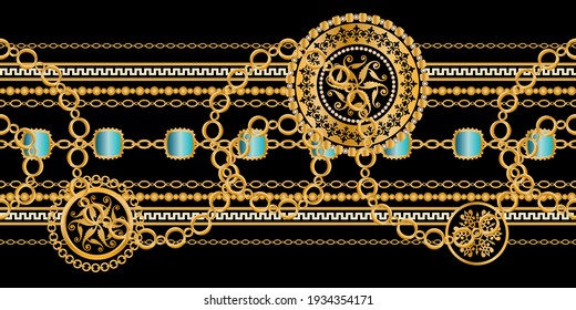 Decoración sin inconfundibles decorada con piedras preciosas, cadenas de oro y perlas.