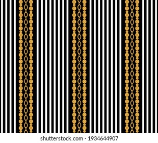 Seamless pattern decorated with precious stones, gold chains and pearls.