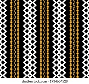 Seamless pattern decorated with precious stones, gold chains and pearls.