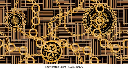 Seamless pattern decorated with precious stones, gold chains and pearls.