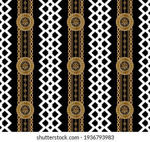 Seamless pattern decorated with precious stones, gold chains and pearls.