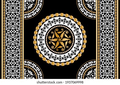 Seamless pattern decorated with precious stones, gold chains and pearls.