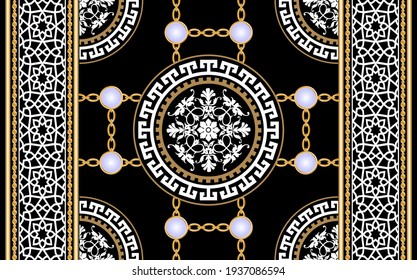 Seamless pattern decorated with precious stones, gold chains and pearls.