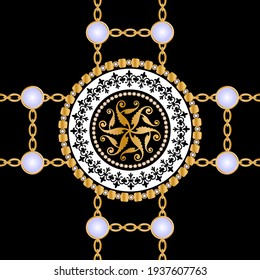 Seamless pattern decorated with precious stones, gold chains and pearls.