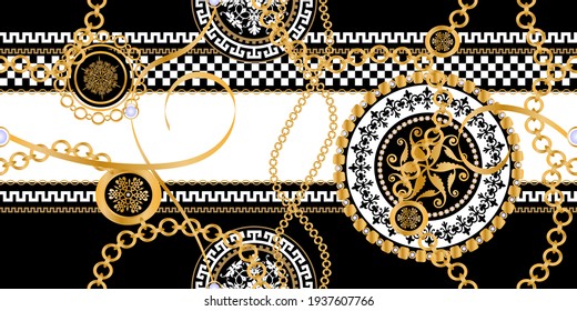 Seamless pattern decorated with precious stones, gold chains and pearls.