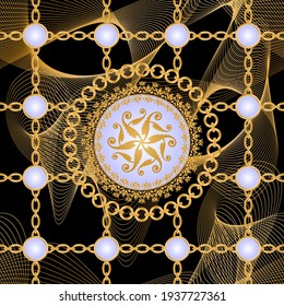 Seamless pattern decorated with precious stones, gold chains and pearls.