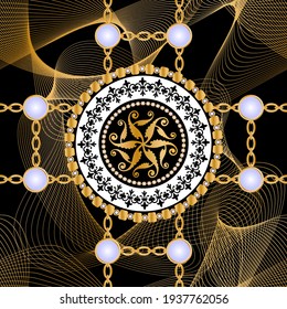 Seamless pattern decorated with precious stones, gold chains and pearls.