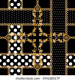 Seamless pattern decorated with precious stones, gold chains and pearls.