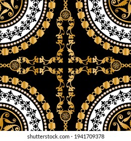 Seamless pattern decorated with precious stones, gold chains and pearls.